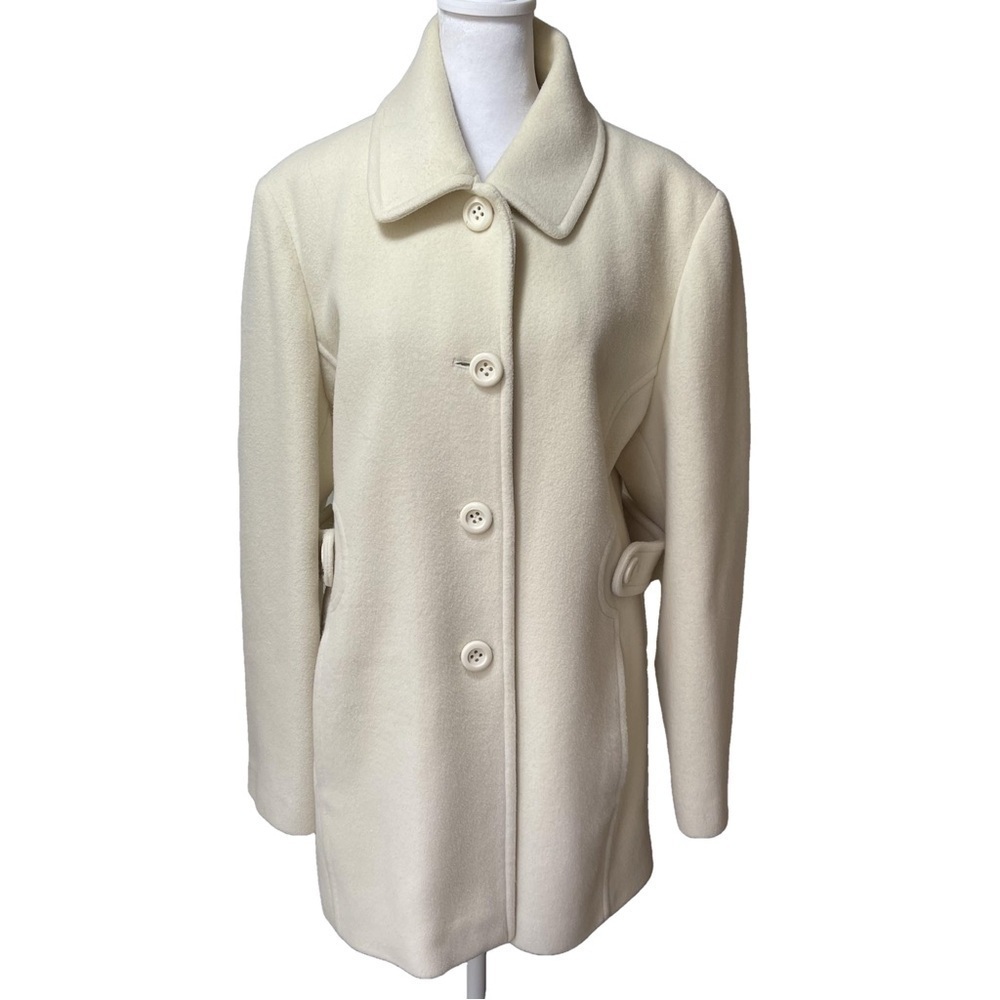 Anne Klein Wool Mid-Length Coat Cream Off-White Collared Overcoat Lined Large